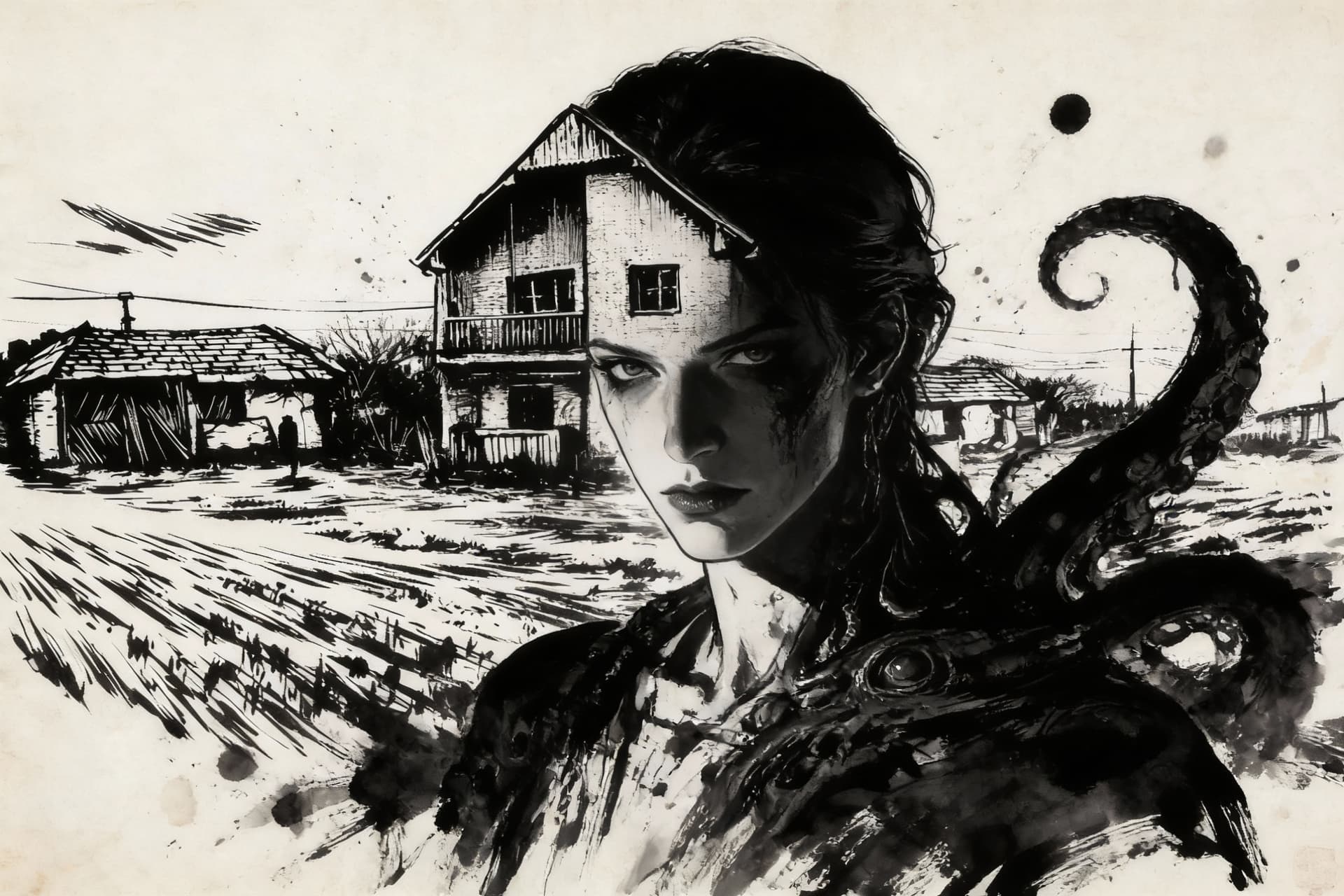 AI generated: splashed with paint and stains on  paper,in the style of noir comic art,gothic black and white,angur...