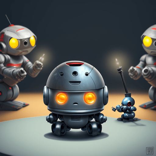 AI generated: 
Draw a small robot surrounded by other robots who are busy working. He shows his lonely expression ...