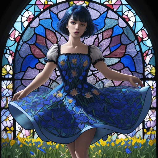 AI generated: a vibrant stained glass art piece of a woman with very short hair dancing in a field of flowers, blu...