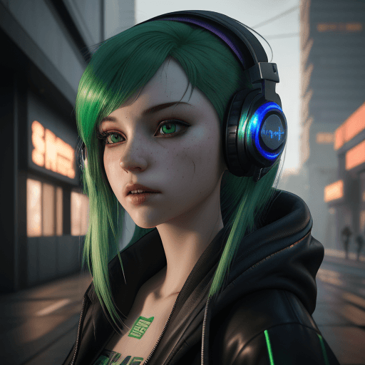 AI generated: Young girl with emerald hair, Young girl with emerald hair, headphones on her head, girl gamer, cybe...