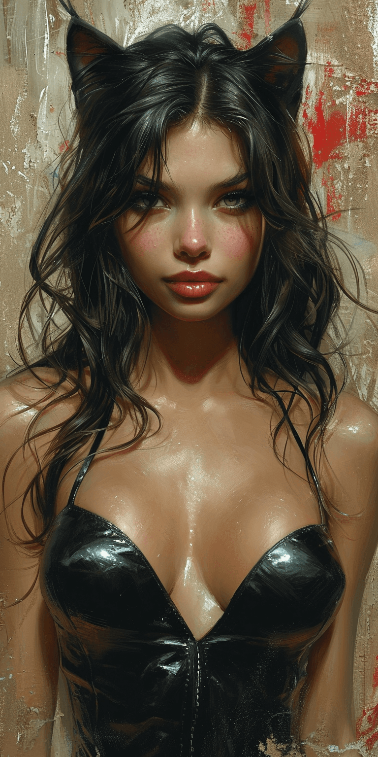 AI generated: a girl in blackcat costume poses, in the style of paul hedley, digital painting, animated gifs, red ...