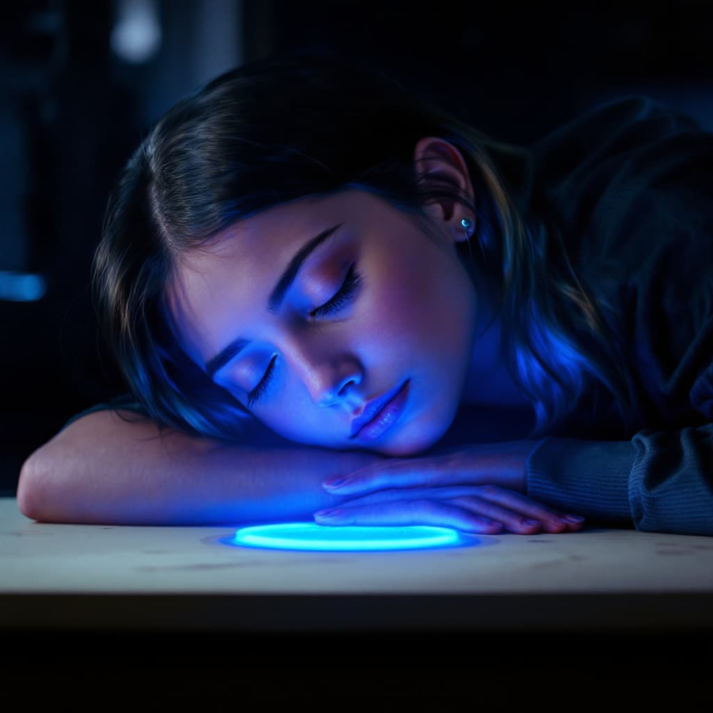 AI generated: Lucy from Edgerunners, eyes closed, laying on table, blue glow