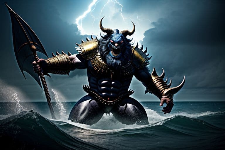 AI generated: God of the sea(greek roman mythology:Poseidon), In the endless blue sea, A proud and pious appearanc...