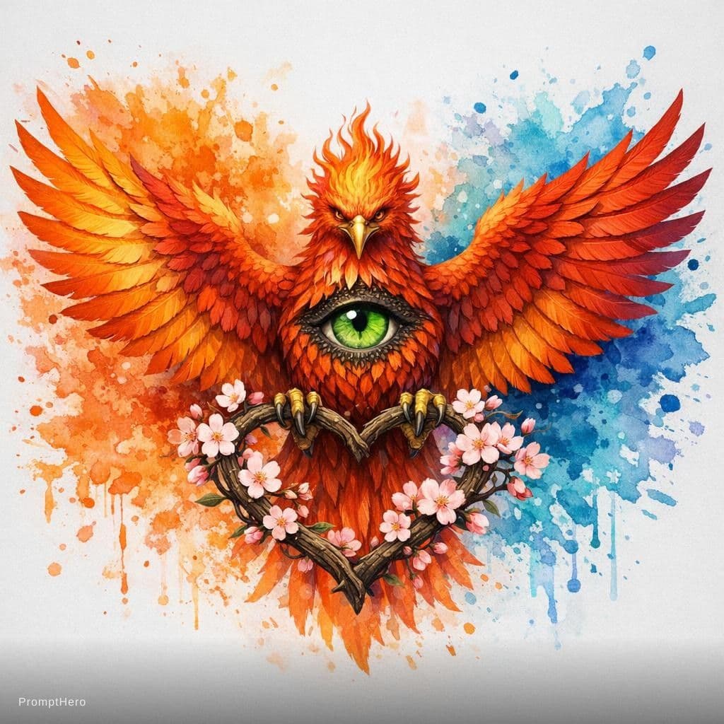 AI generated: A fantasy phoenix with fully spread orange-red gradient wings is centered against a plain light gray...