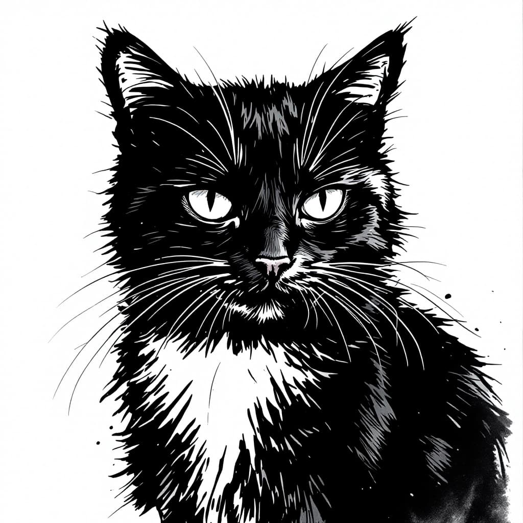 AI generated: black ink drawing of a cat in japan-style calligraphy 