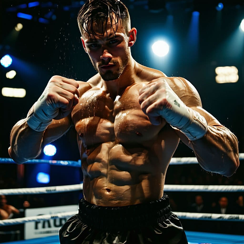 AI generated: In the photo, the muscular boxer looks at the camera and flexes his chiseled biceps in the ring, swe...