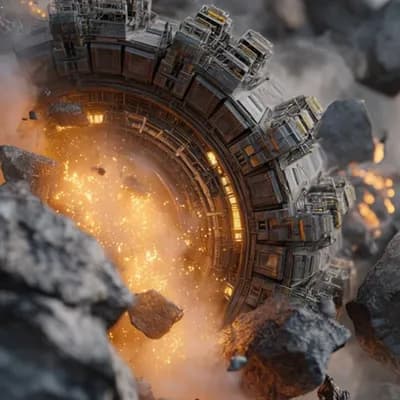 AI generated video: A massive industrial space mining machine embedded in a dense asteroid field, rotating slowly as it ...