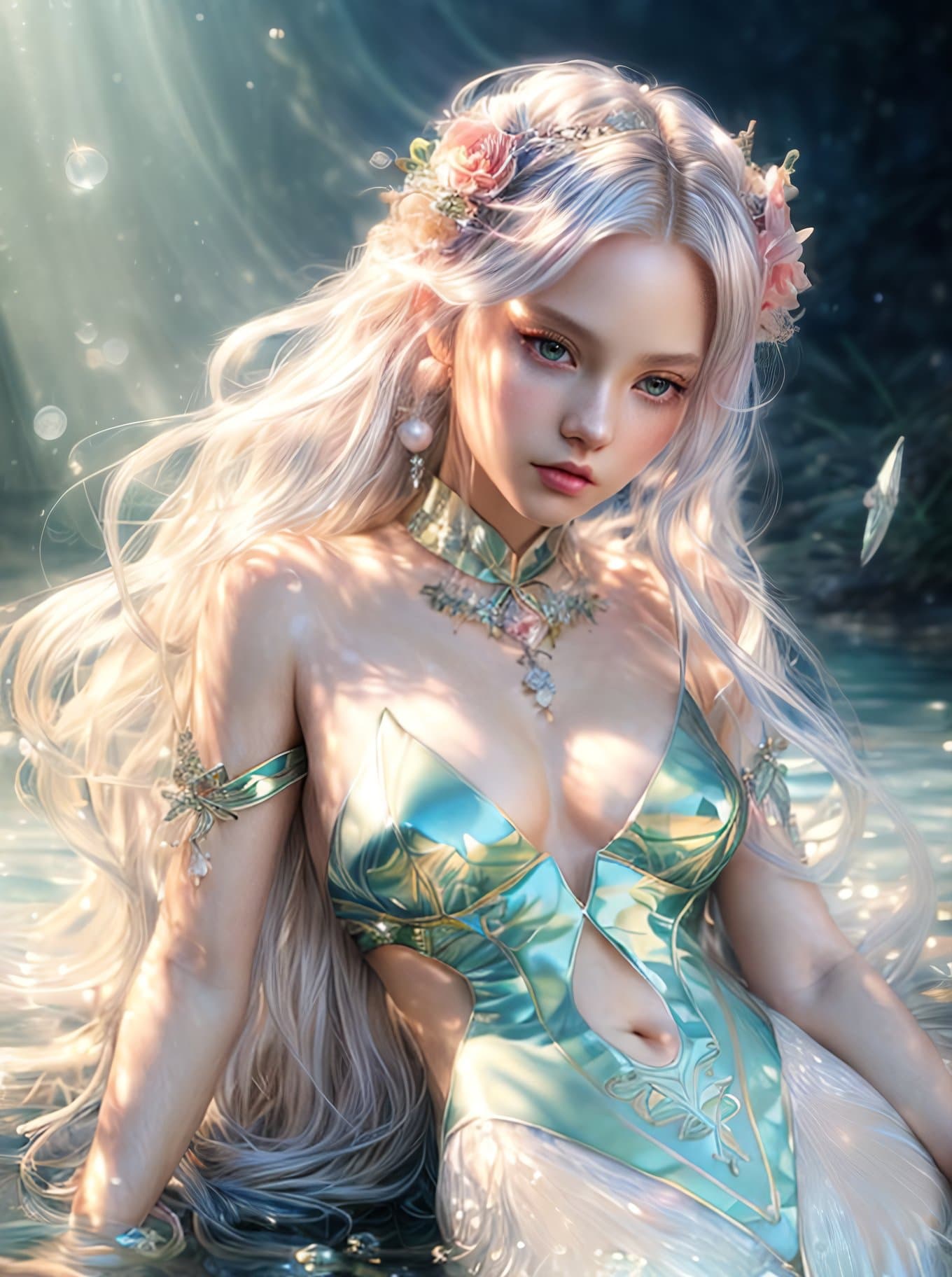 AI generated: Modelshoot Style, Beautiful albino mermaid with silky hair and big reflective green eyes, shimmering...