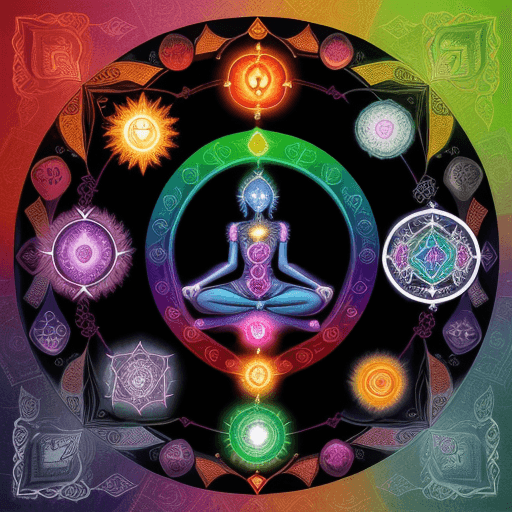 AI generated: make a book cover showing the spine back and front of the book from this title
"7 Chakras Shadow Wor...
