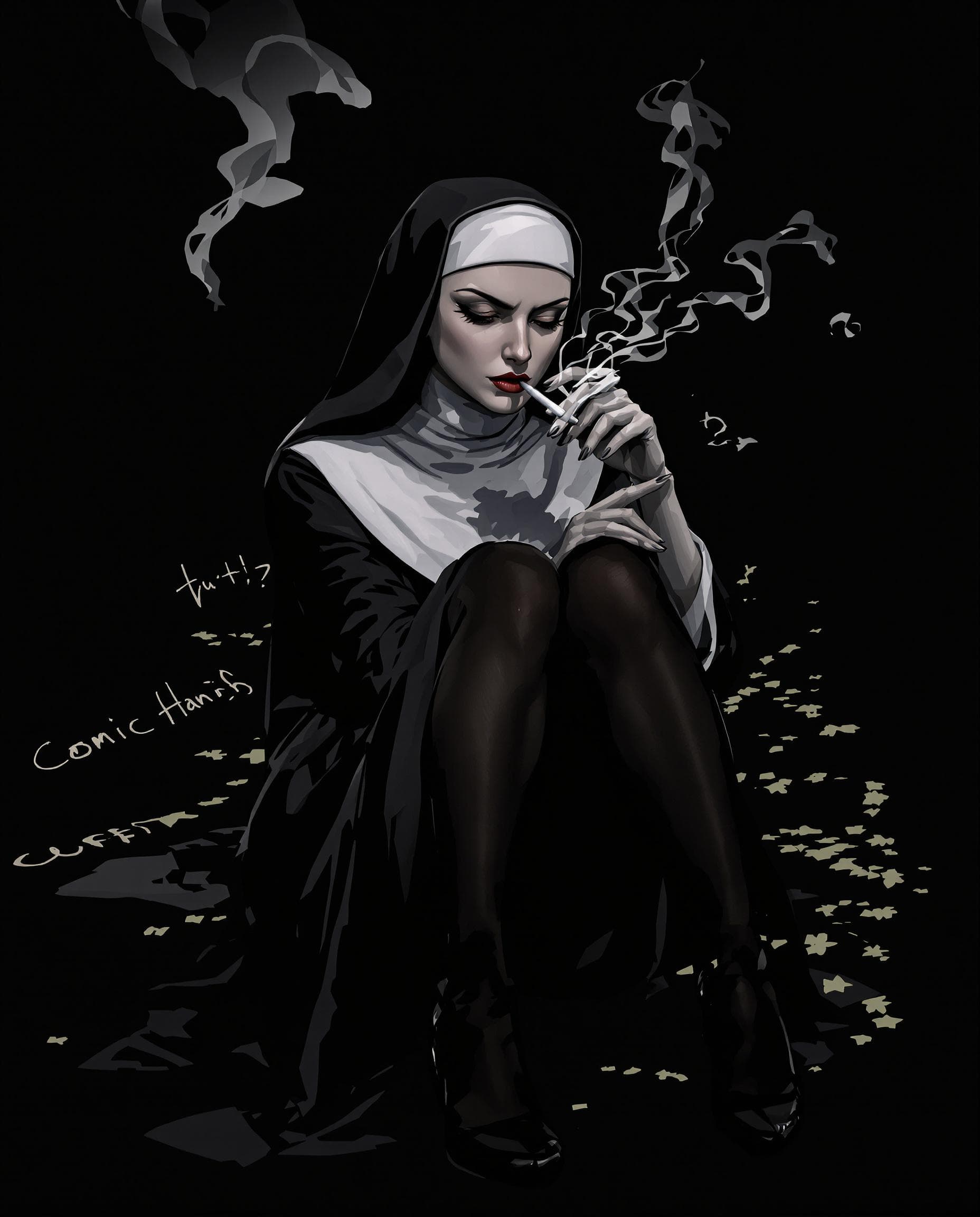 AI generated: Comic book cover illustration, full body shot of a white-haired nun, smoking, knees up, apathetic on...
