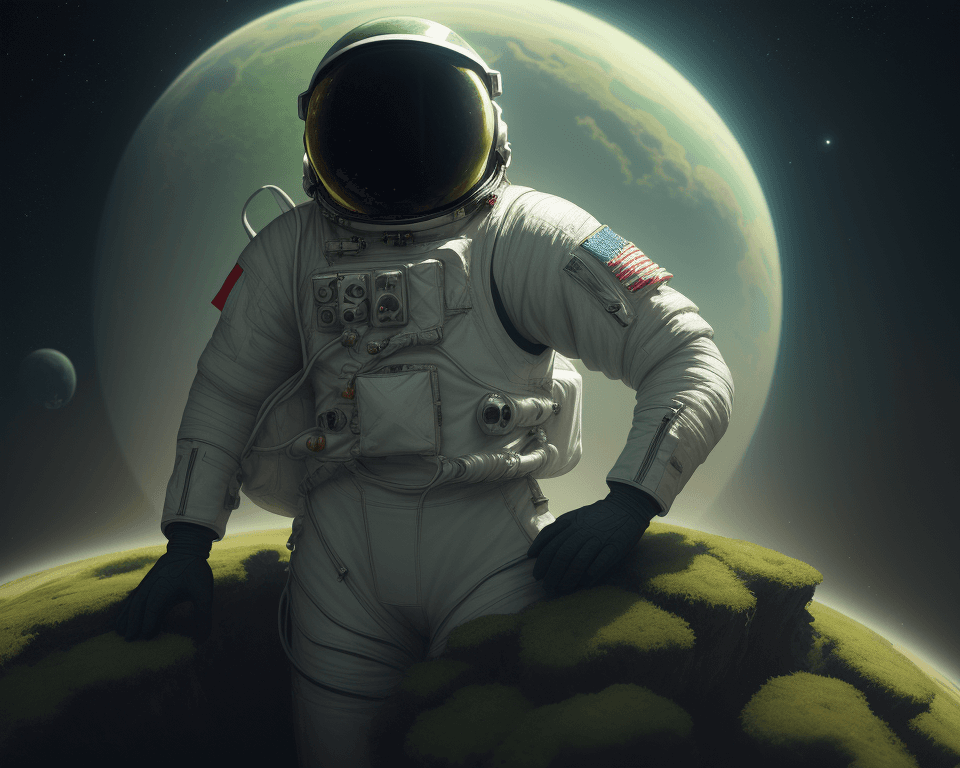 AI generated: illustration of astronaut on a verdant world, a masterpiece sci-fi atmospheric, highly detailed, sha...