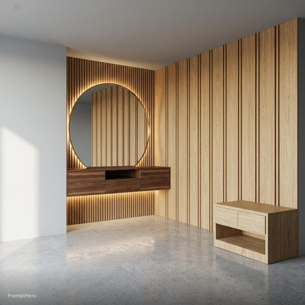 AI generated: "A photorealistic, atmospheric rendering of an L-shaped foyer. The long main wall features extensive...