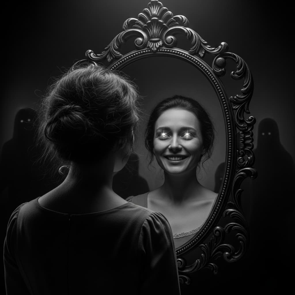 AI generated: “Photorealistic black and white image of a woman staring into a mirror — her reflection is smiling w...