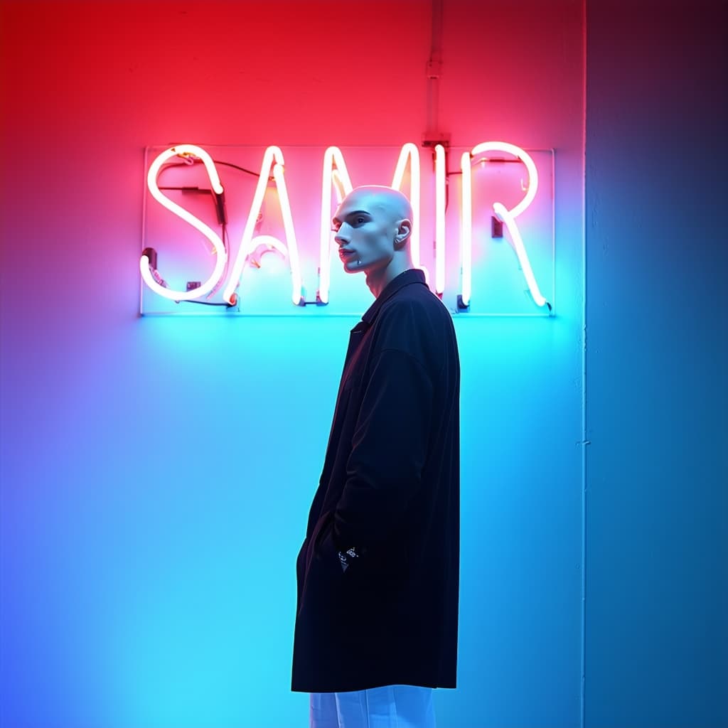 AI generated: a HANDSOME SKINNY BALD man stands in front of a neon sign that reads "SAMIR" in bold white letters. ...