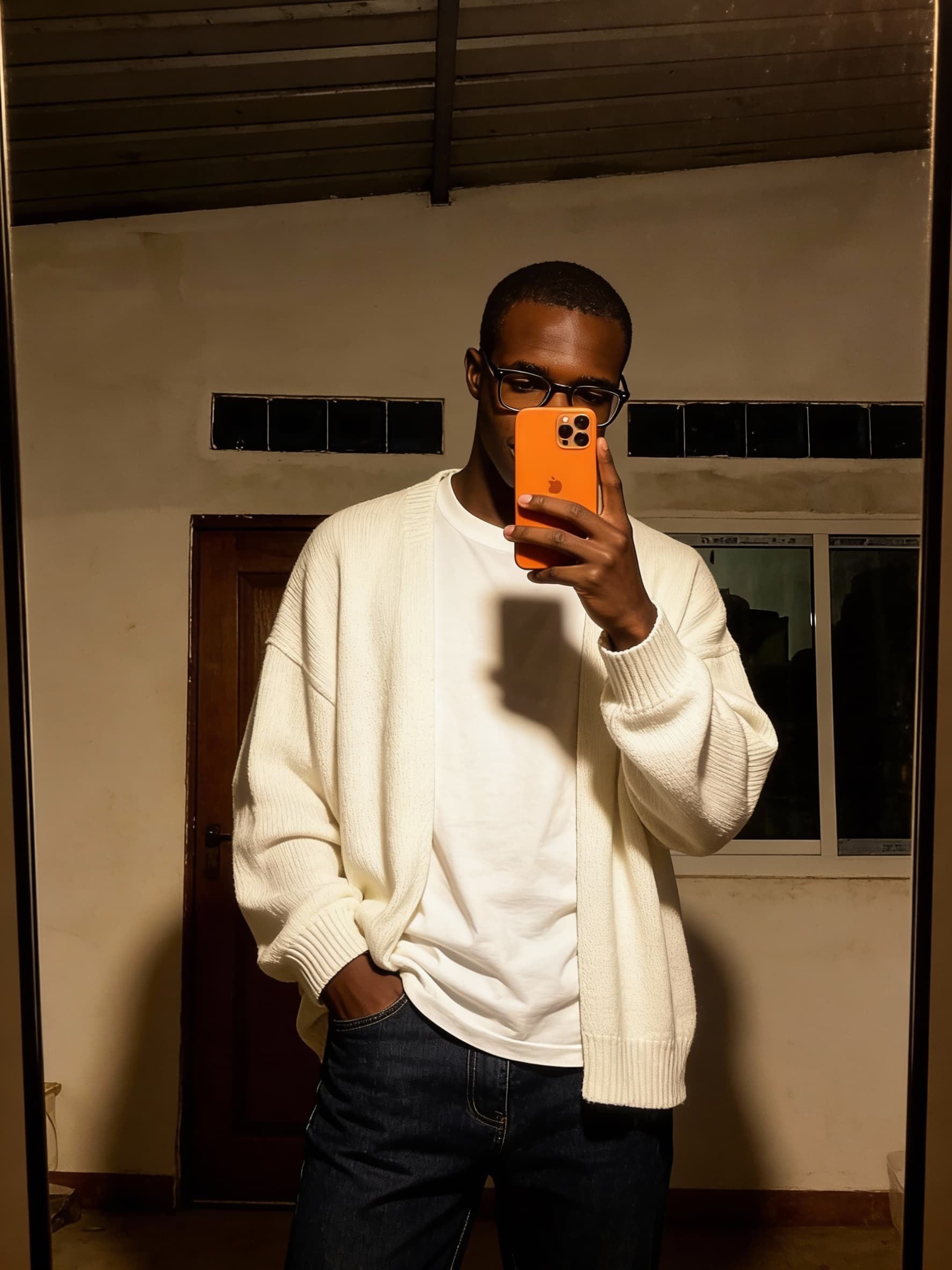 AI generated: Use the uploaded photo to create an Ultra-realistic mirror selfie of a stylish man with glasses.
He ...