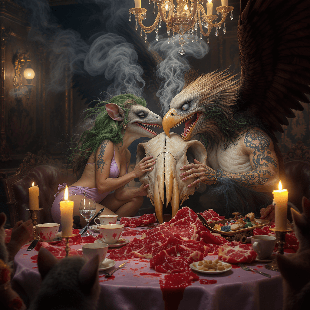 AI generated: a surreal blow up dancing table of crazy rats performance of wild romance candle light two cafe skat...