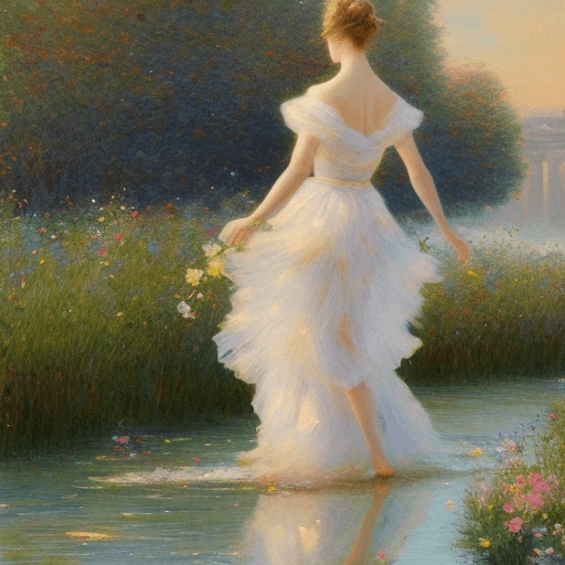 AI generated: A romantic, impressionistic painting depicts a dreamy evening scene in Paris. The central figure is ...