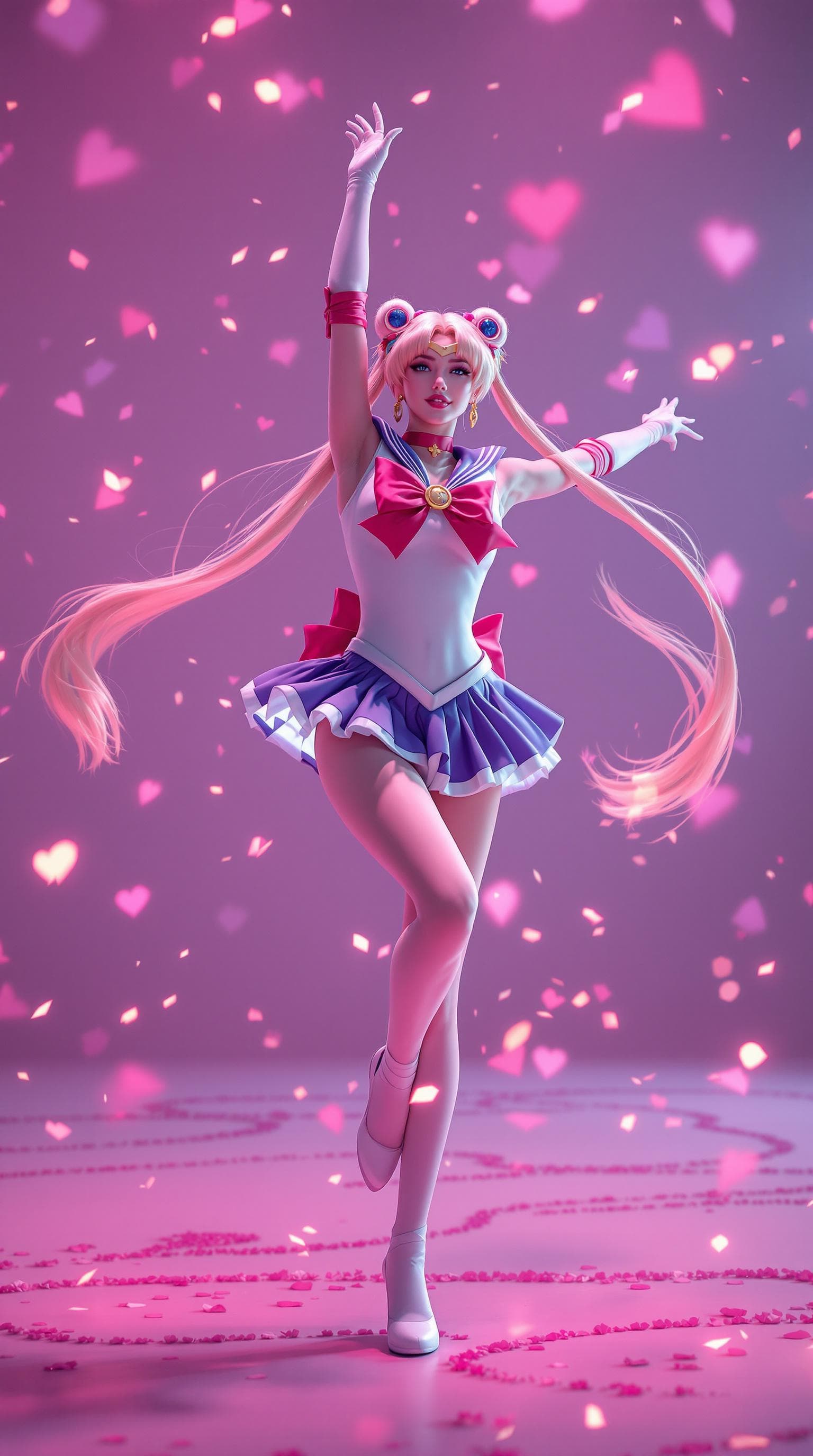 AI generated: Full length shot (FLS) of a beautiful Sailor Moon dancing, photorealistic, Hasselblad Camera, 8k, Hy...