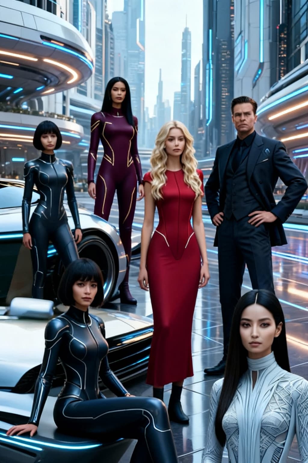 AI generated: Join all five characters into one image. Change background, create futuristic clothing, and poses to...