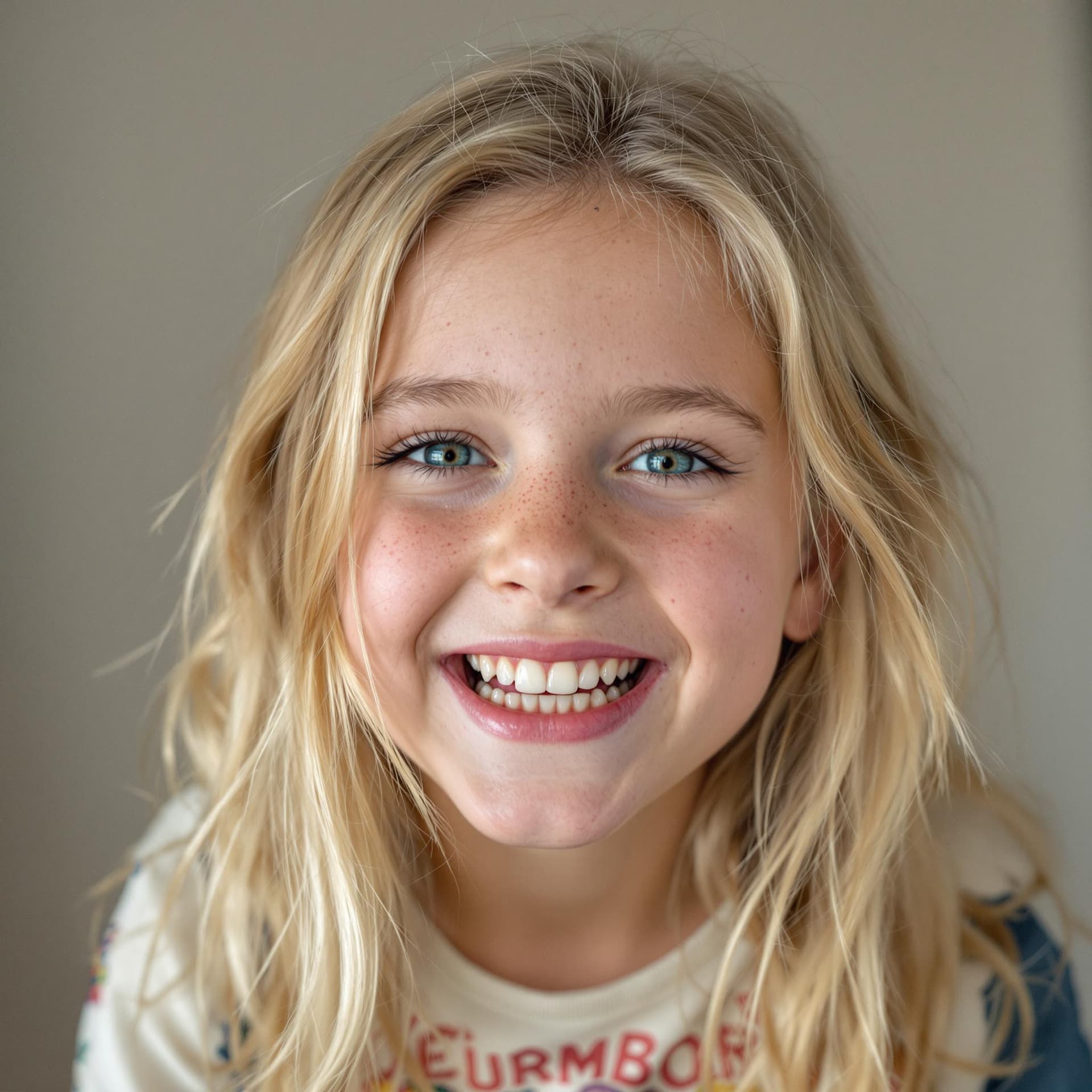 AI generated: 10 years old caucasian girl, blonde, really pretty, with freckles, open mouth, showing teeth