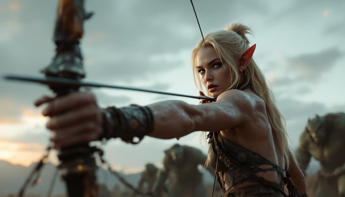 AI generated: A full body female elf with a bow, small ears, very skimpy clothes, with dark blonde hair fighting o...