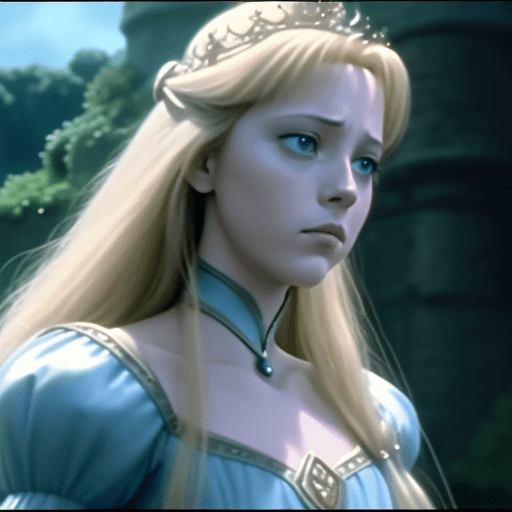 AI generated: dvd screengrab, from 1982 dark fantasy film "excalibur", rapunzel from "tangled" facing the sky with...