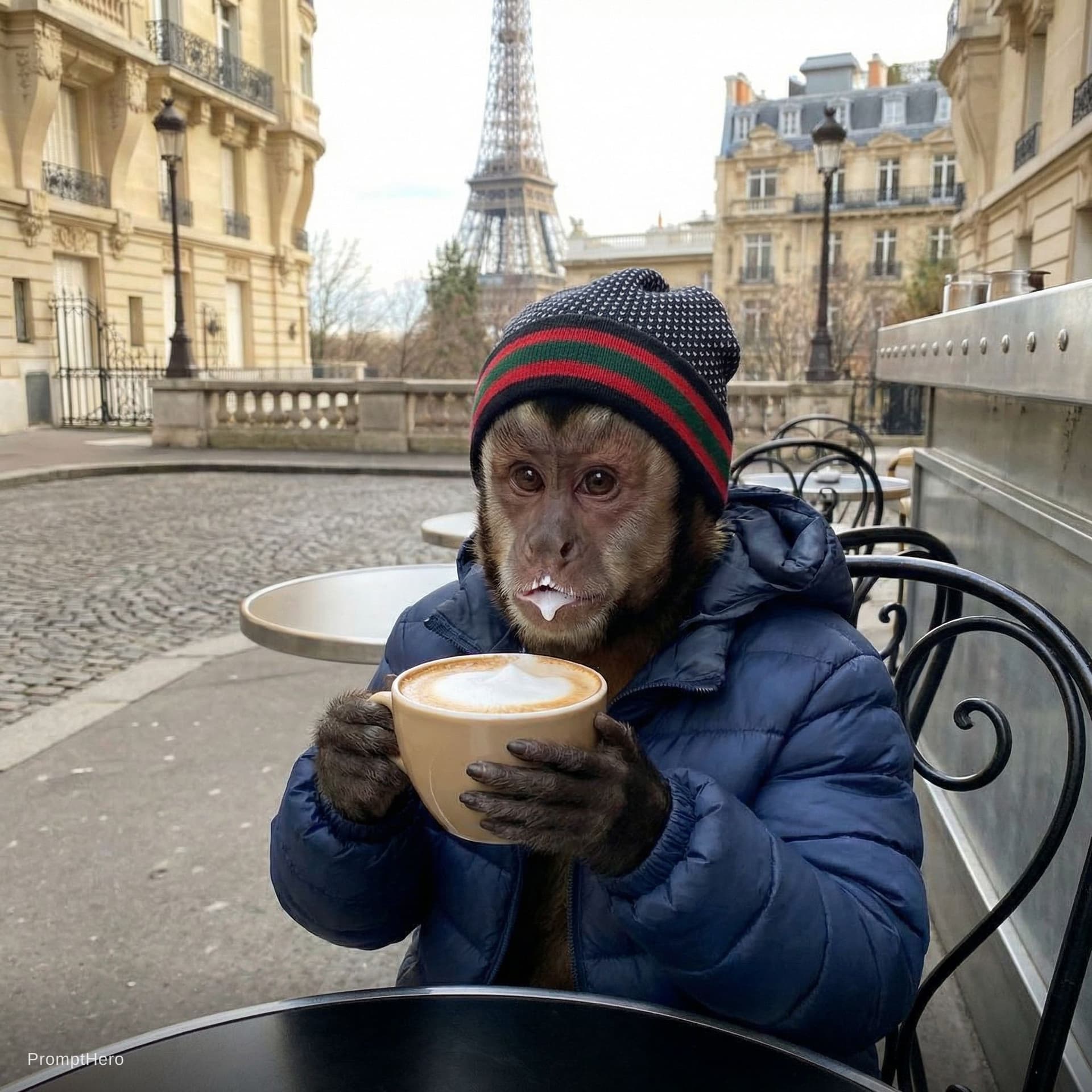 AI generated: A monkey sipping a cappuccino in Paris