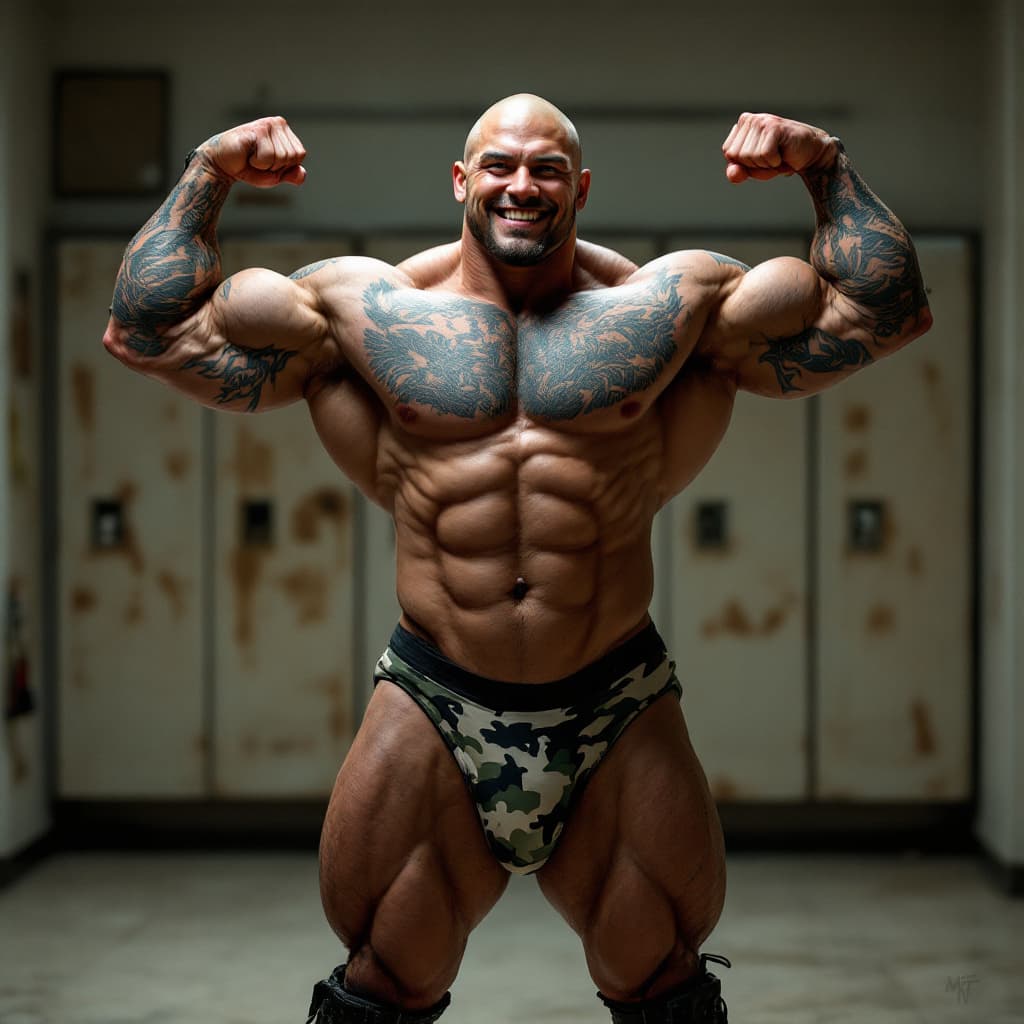 AI generated: Front lit, Full body image, young tall army muscle, heavily tattooed, slim face, chiseled jawline, s...
