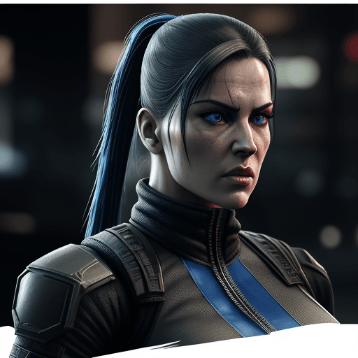 AI generated: Mortal Kombat Sonya Blade, military uniform outfit, cyberpunk, outdoor, street, royal blue, hyperrea...