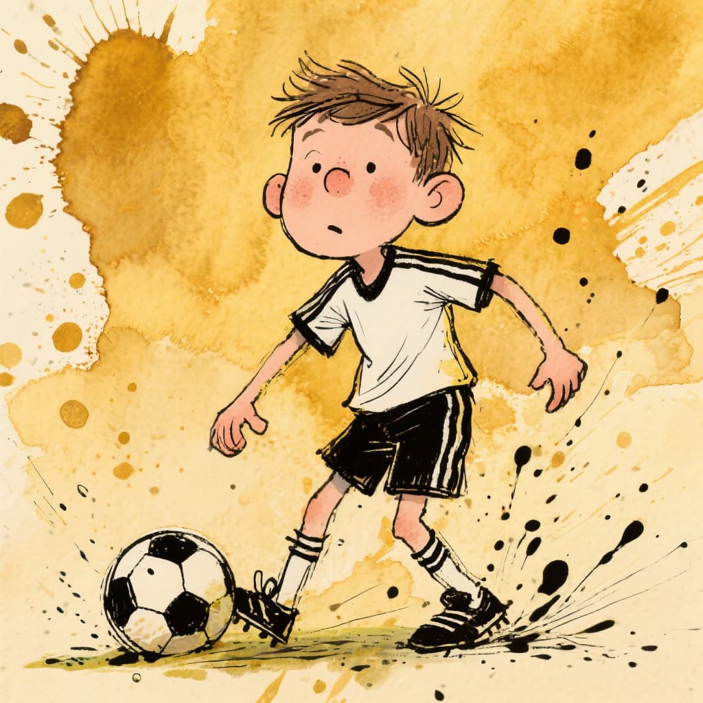 AI generated:  Quentin Blake caricature. Medium shot. Young boy soccer player. Hand-drawn lines. Expressive ink sp...