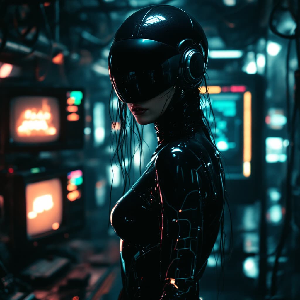 AI generated: Cinematic cyberpunk portrait of a mysterious female figure in a glossy black latex bodysuit with tra...