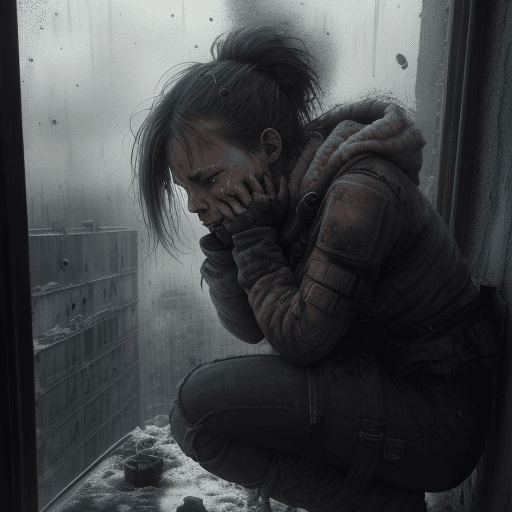 AI generated: a crying female, dirty, leaning on a window, freezing, boots, end of the world, epic realistic, (hdr...