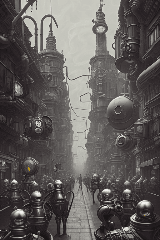 AI generated: A retro-futuristic 17th century city street, strange beings with bright black heads and highly artic...