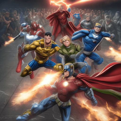 AI generated: High resolution photography of Super Heros fighting against evil soliders