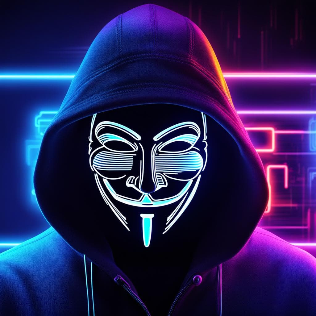 AI generated: neon images of a hacker ANONYMOUS, neon colors, CLEAR VISIBLE TEXT: "ANONYMOUS", highly detailed, 8k...