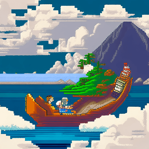 AI generated: 16 bit pixel art, epic composition of a explorer in a boat reaching an island in the clouds, by stud...