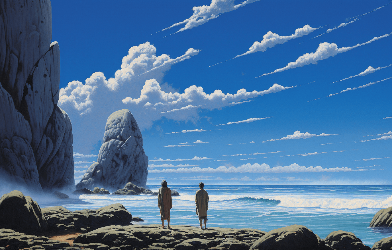 AI generated: A fantasy painting in the style of Michael Whelan of giant stone statues carved in the shape of sea ...