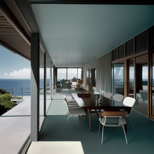 AI generated: Hyper realistic eye level exterior photo of a mid century modern style house overlooking the ocean, ...