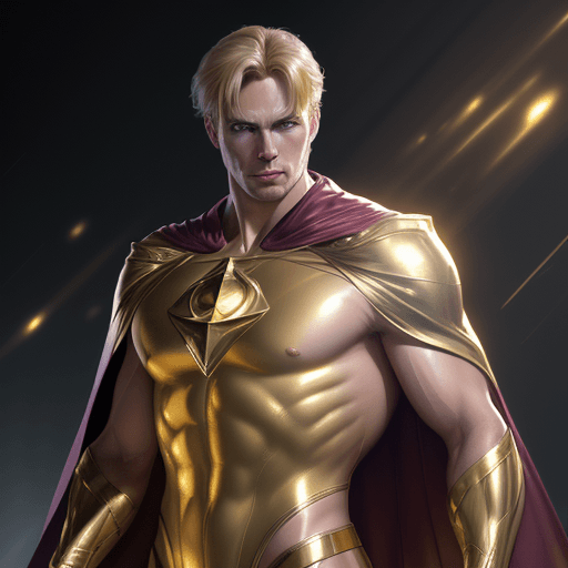 AI generated: male super hero named champion blond hair, no symbol, skin tight gold suit, golden cape, gold gloves...