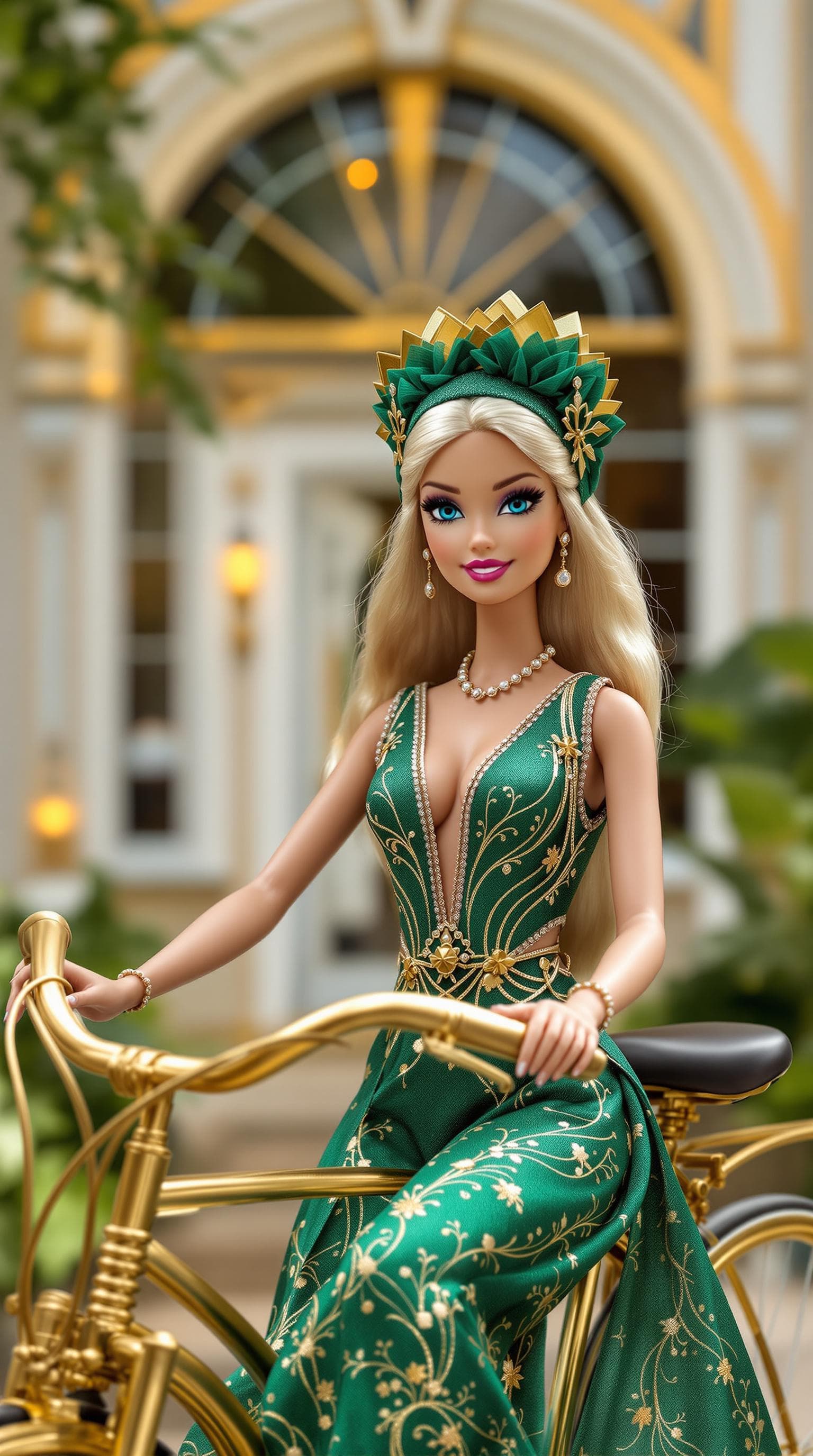 AI generated: photo, 20-year-old Barbie doll wearing art deco clothes, sitting on a bicycle in front of her art de...