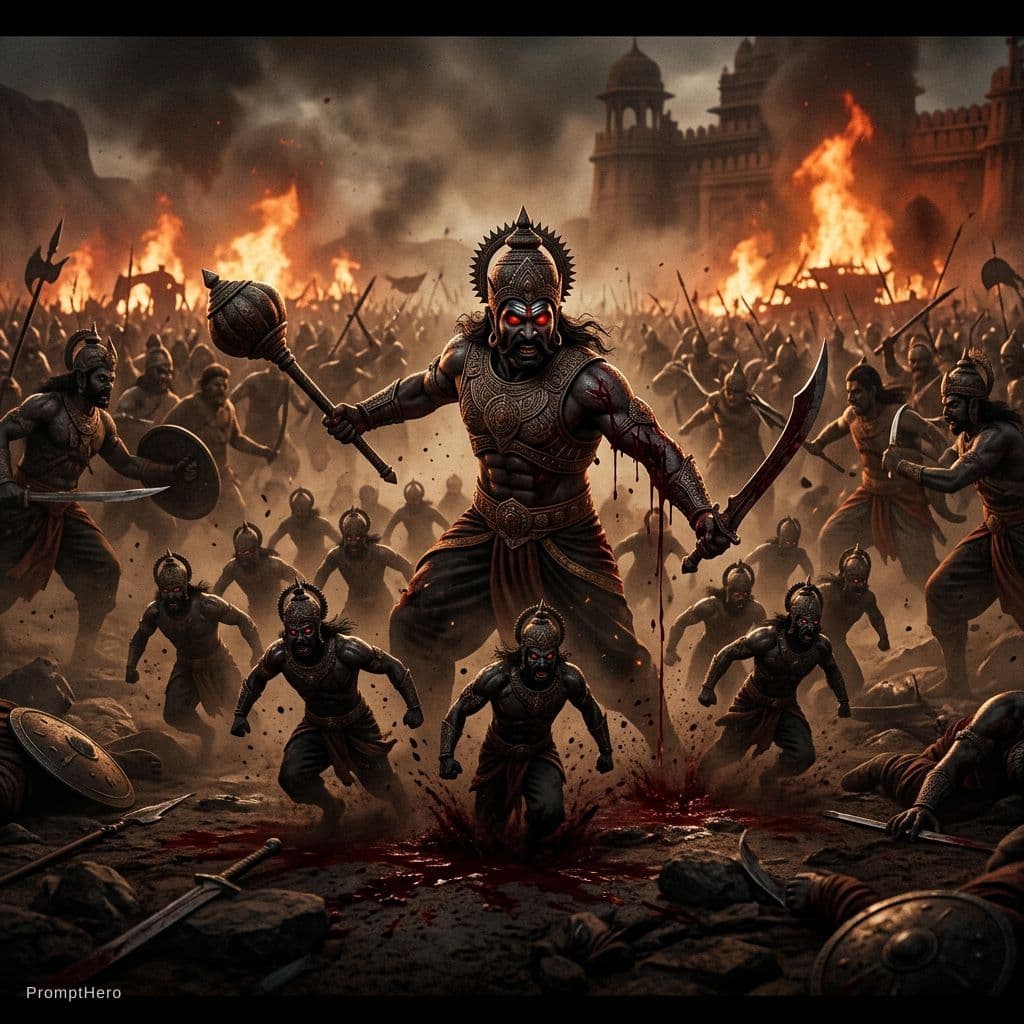 AI generated: dark mythological battlefield, demon Raktabija with glowing red eyes, every drop of blood creating c...