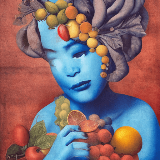 AI generated: a mural of woman on a blue wall with fruit on her head, in the style of ingrid baars, 32k uhd, benin...