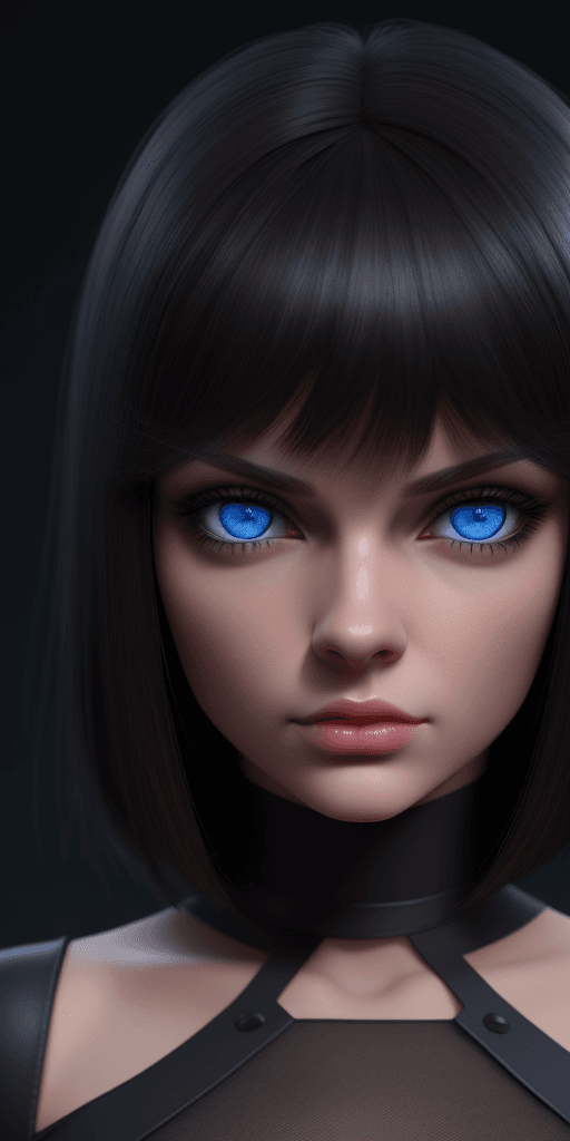 AI generated: Brunette WOMAN BLUE EYES, Black hair, dark background, 3D, 8K
