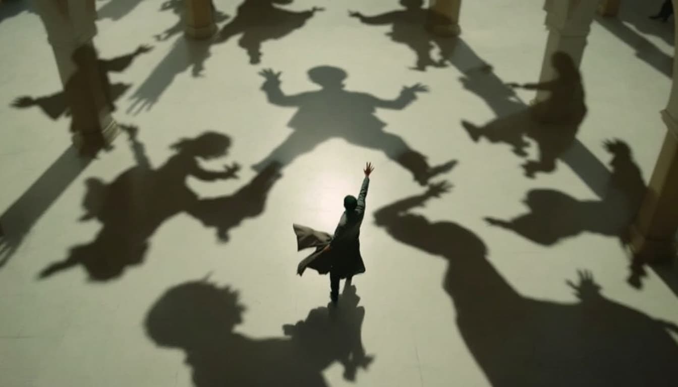 AI generated: Shot 4: Tracking Shot of Dancing Shadows
English: The camera follows the shadows as they swirl like ...