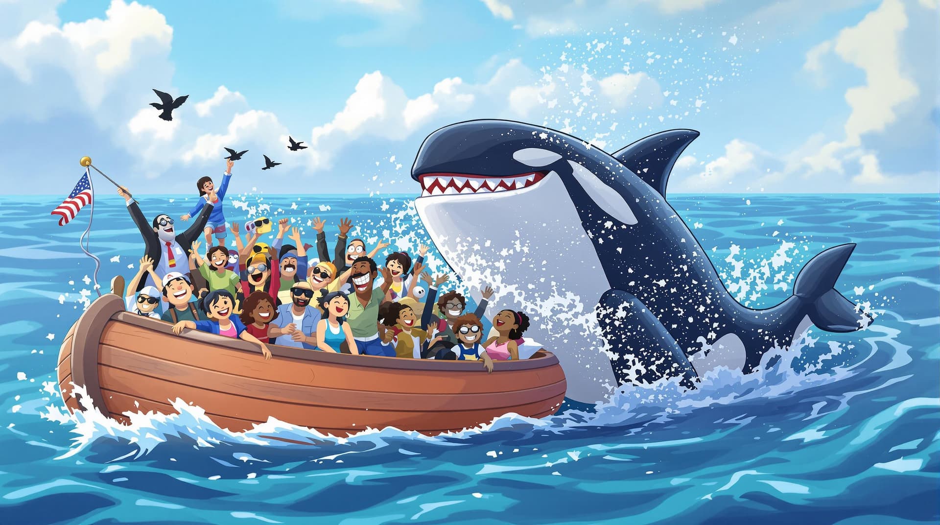 AI generated: A 3d cartoon orca laughing as it knocks over a boat full of people