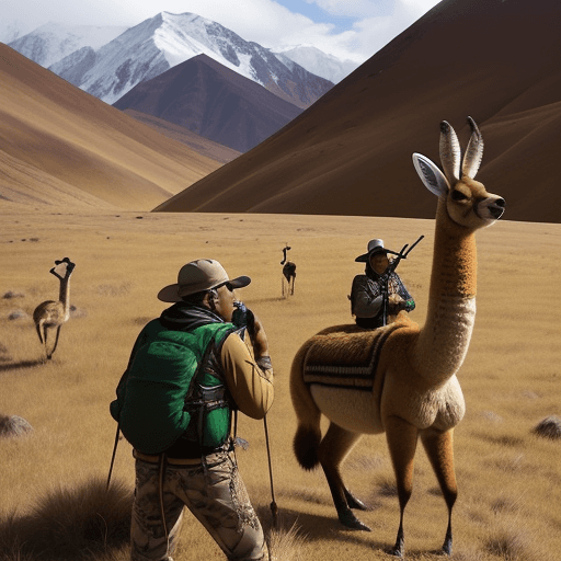 AI generated: photo about some hunters in the andes shooting a vicuña