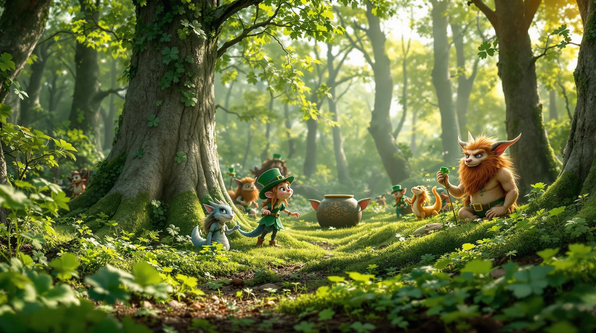 AI generated:  scenery, in the forest on St. Patrick's Day celebrations featuring mythical fantasy creatures of Ir...