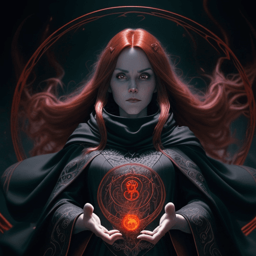 AI generated: A female warlock with long auburn hair wearing a black cowl and ornate robes of red and black, Casti...