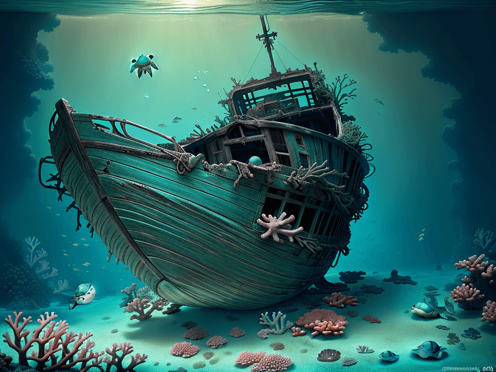 AI generated: a deeper dreamy old little boat wreck, happy dreamy baby green turtle floating and looking at us, co...