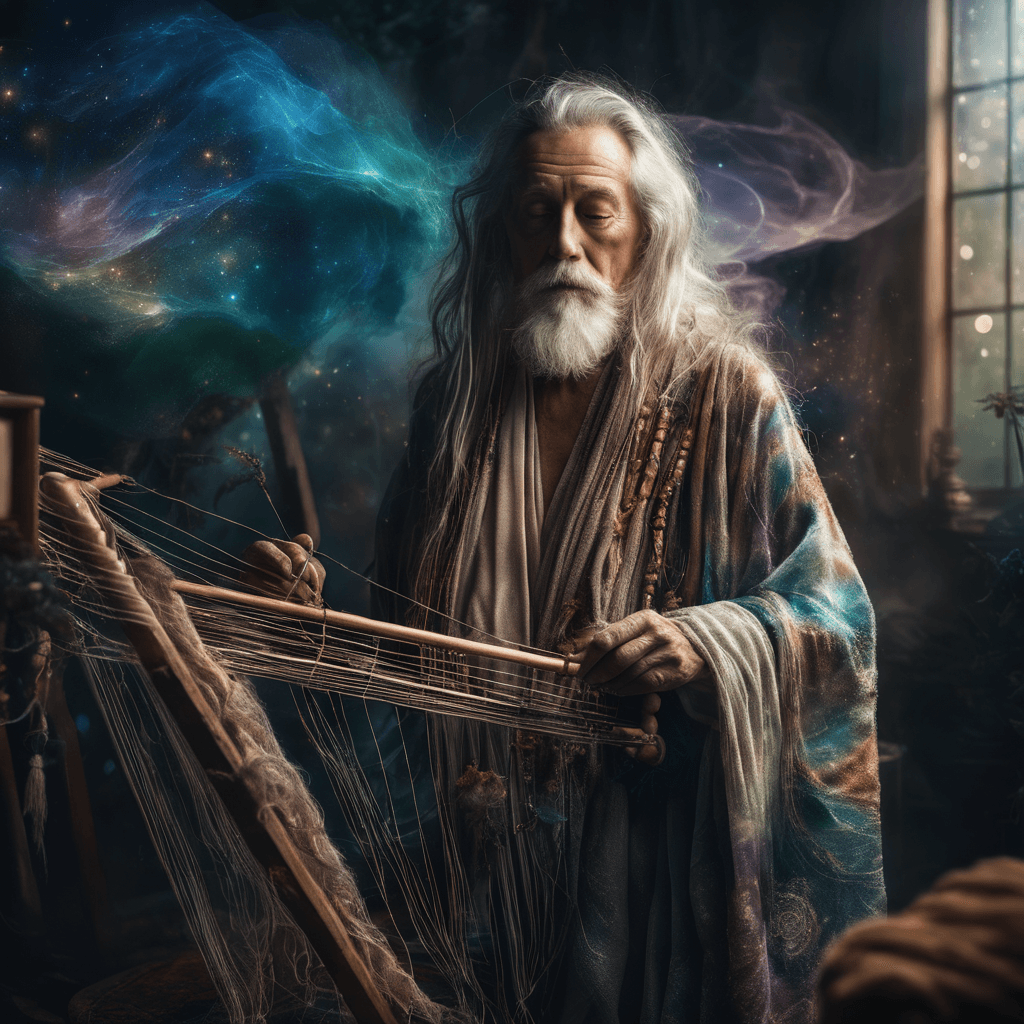 AI generated: A mystical dream weaver, aged 65, adorned with flowing robes and holding a loom that weaves dreams i...